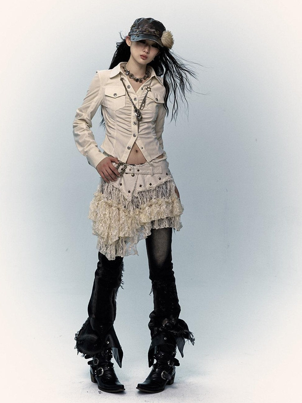 NO ROMANCE Pure Cotton Japanese Asymmetric Low Waist Lace Travel Youth Off White Mini Skirts