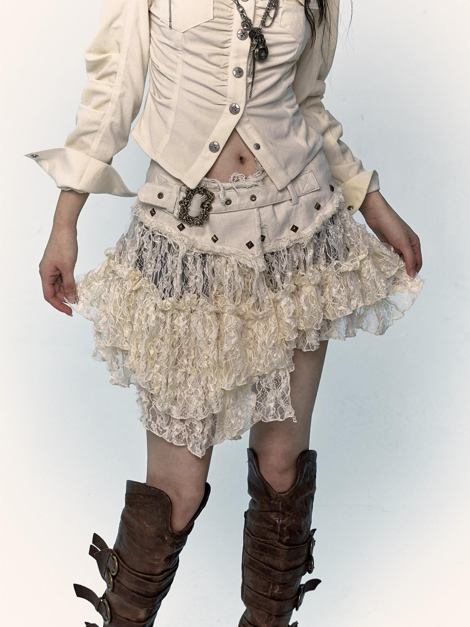 NO ROMANCE Pure Cotton Japanese Asymmetric Low Waist Lace Travel Youth Off White Mini Skirts