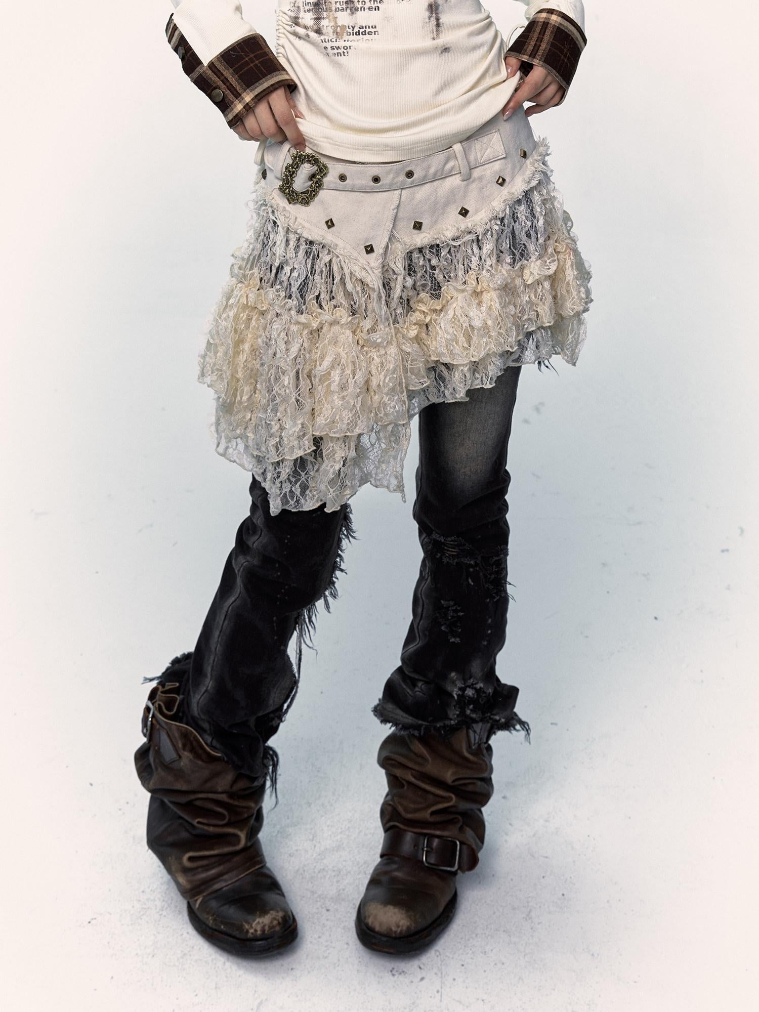 NO ROMANCE Pure Cotton Japanese Asymmetric Low Waist Lace Travel Youth Off White Mini Skirts