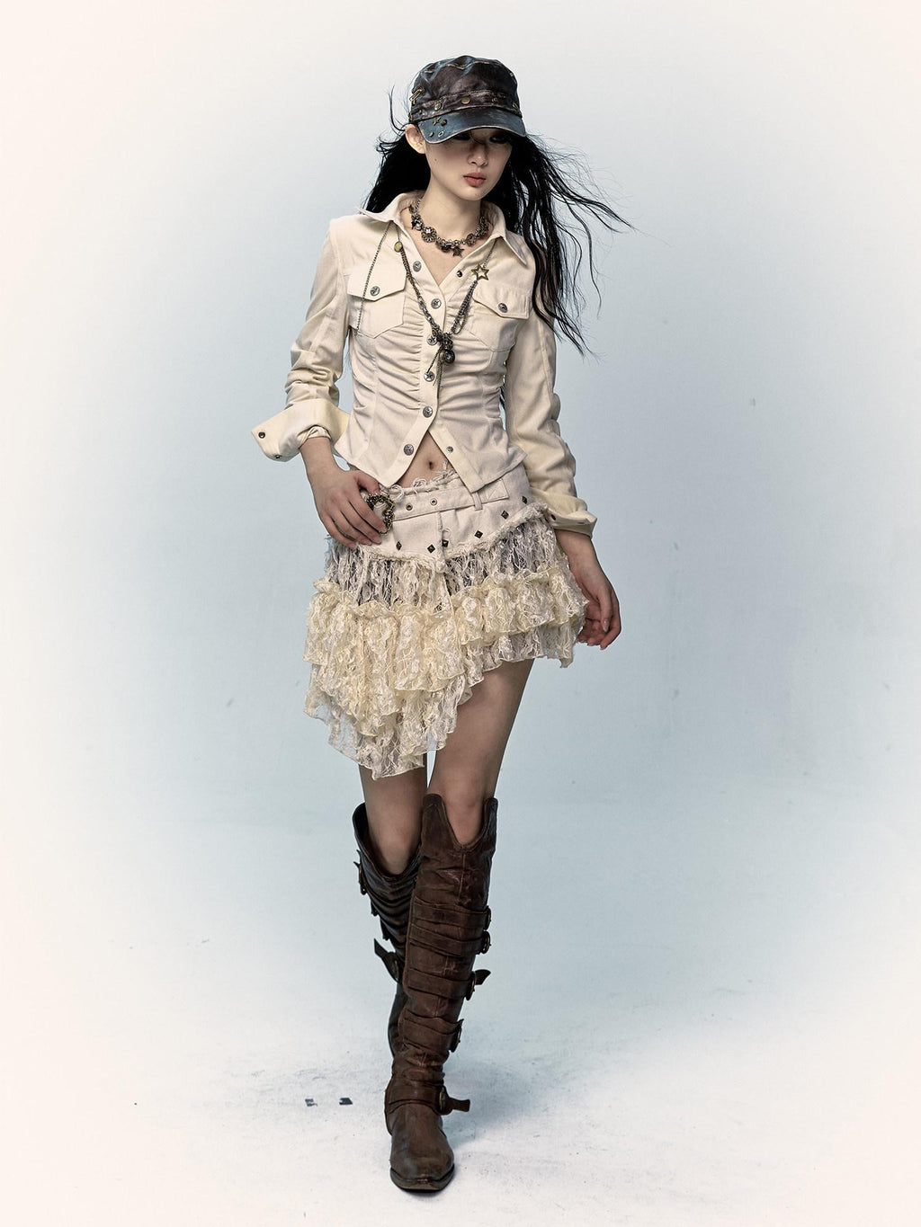 NO ROMANCE Pure Cotton Japanese Asymmetric Low Waist Lace Travel Youth Off White Mini Skirts
