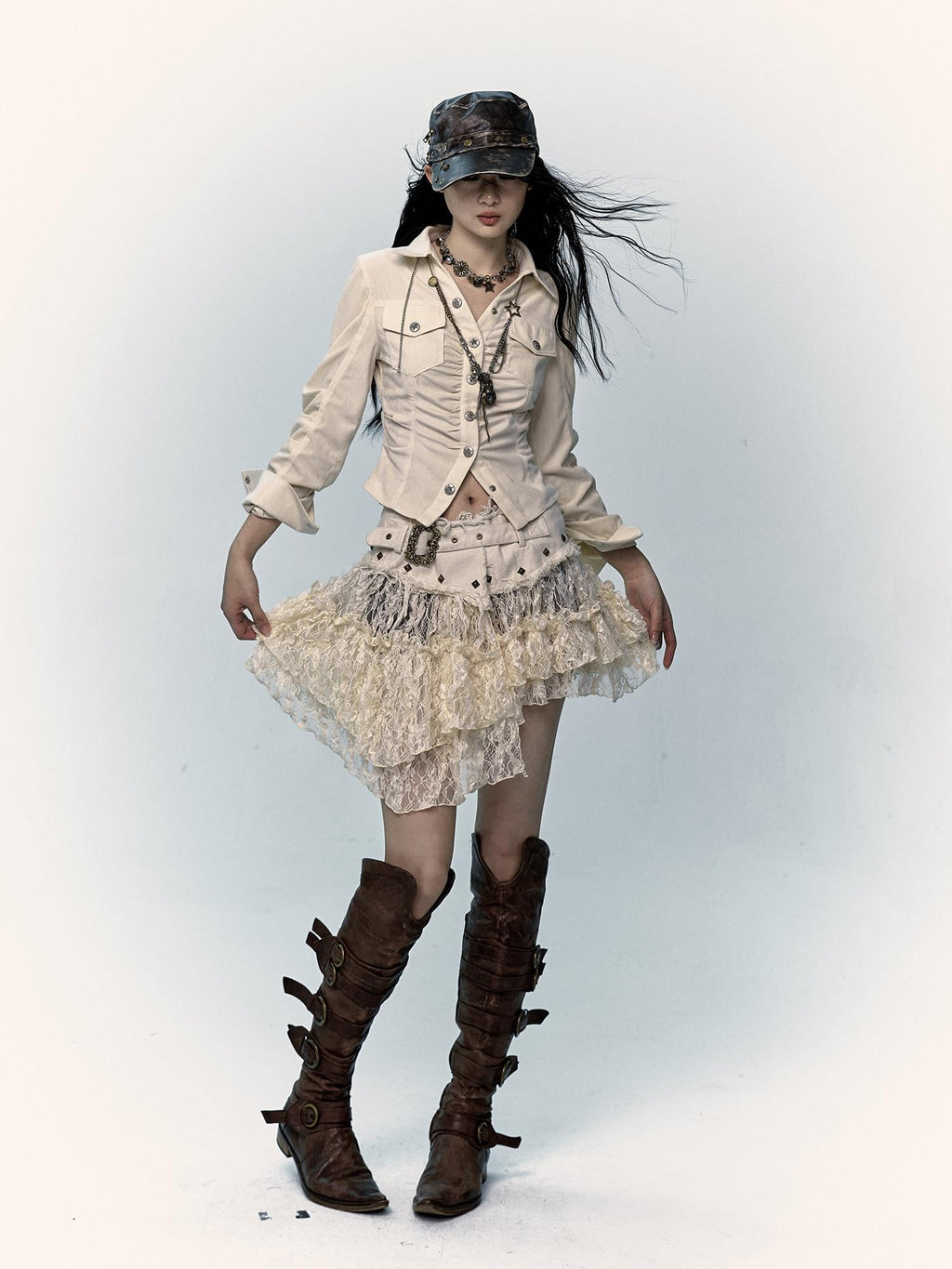 NO ROMANCE Pure Cotton Japanese Asymmetric Low Waist Lace Travel Youth Off White Mini Skirts