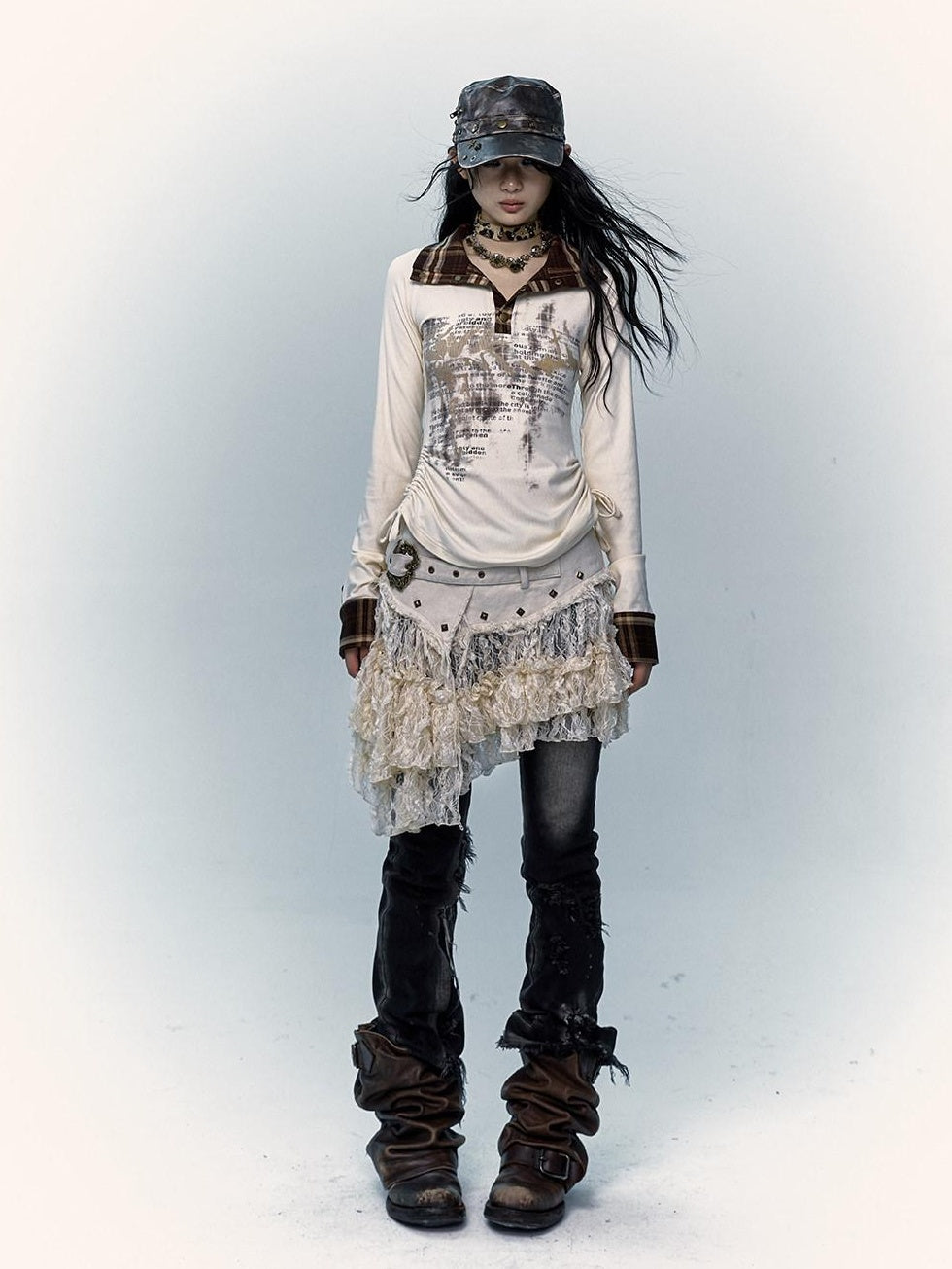 NO ROMANCE Pure Cotton Japanese Asymmetric Low Waist Lace Travel Youth Off White Mini Skirts