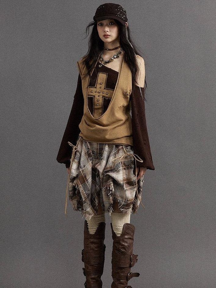 NO ROMANCE Pure Cotton Vintage Distressed Asymmetric A Line Casual Women Khaki Midi Skirts
