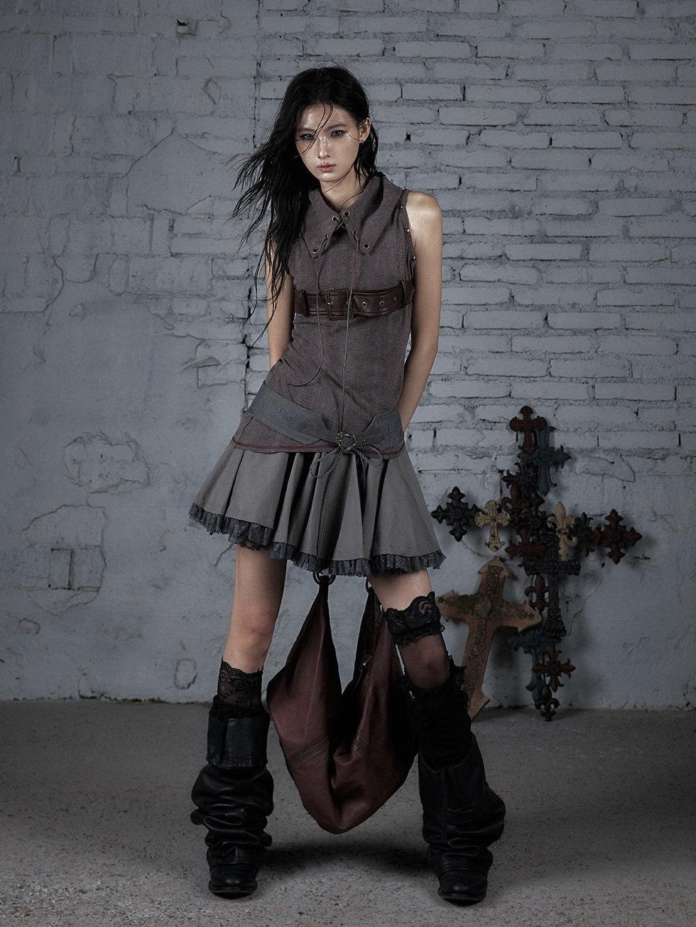 NO ROMANCE Pure Cotton Vintage Mid Rise Distressed Tiered Relaxed Warm Gray Mini Skirts