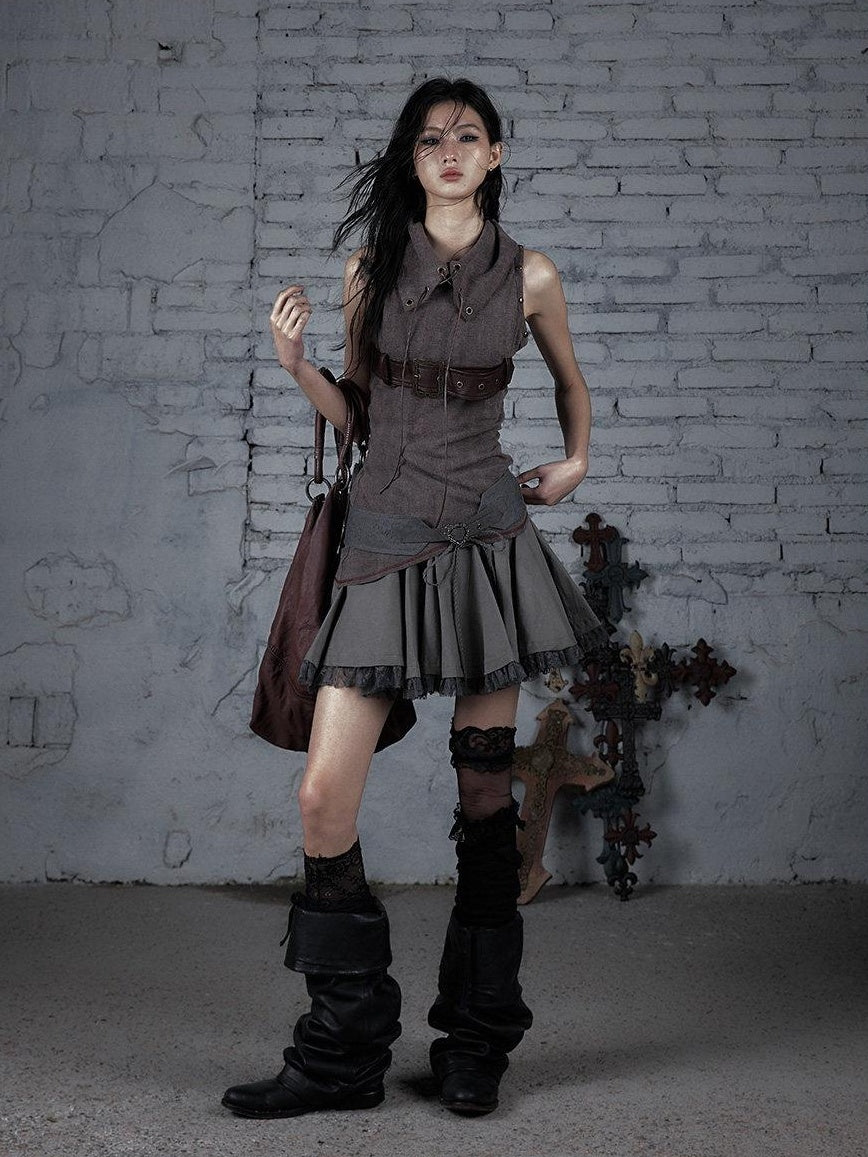 NO ROMANCE Pure Cotton Vintage Mid Rise Distressed Tiered Relaxed Warm Gray Mini Skirts