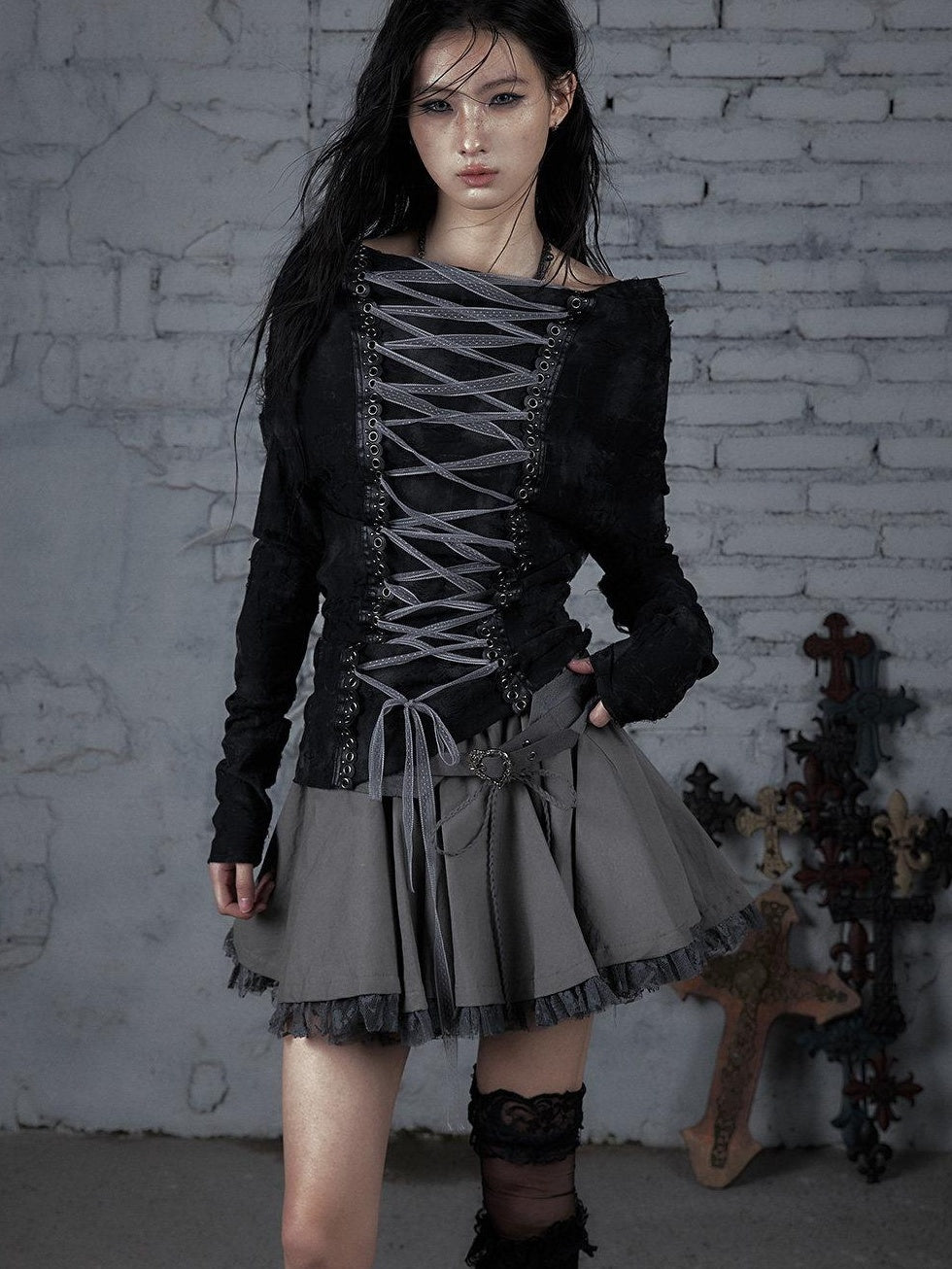 NO ROMANCE Pure Cotton Vintage Mid Rise Distressed Tiered Relaxed Warm Gray Mini Skirts