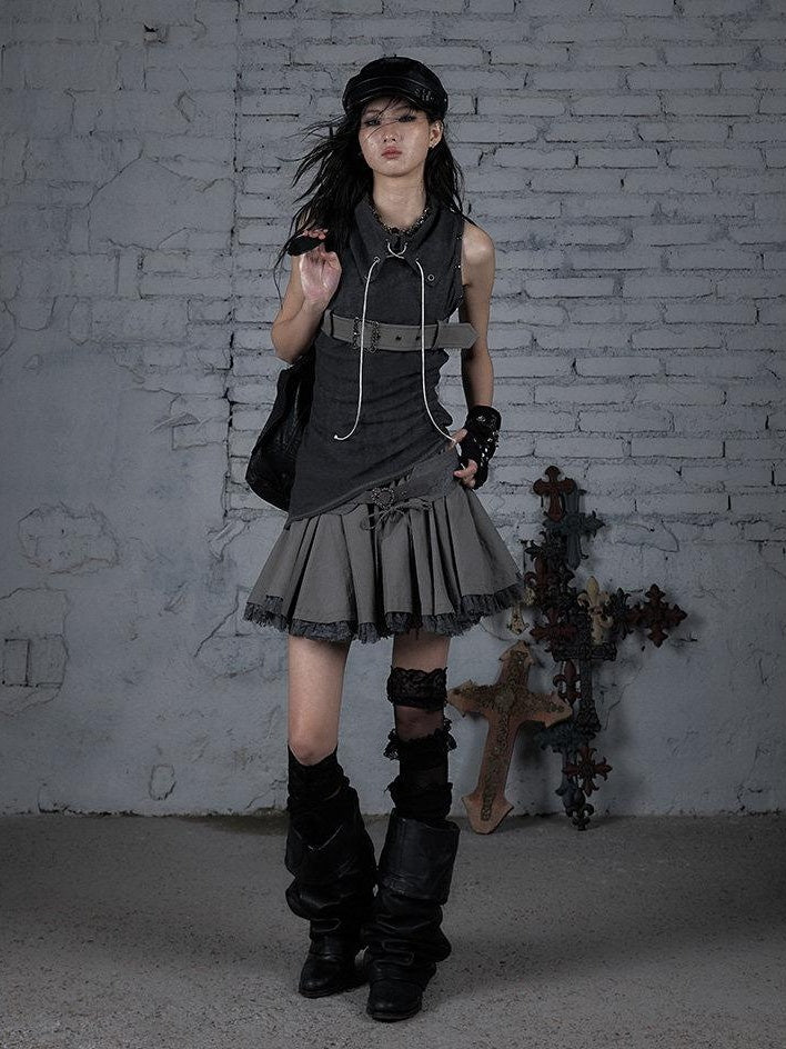 NO ROMANCE Pure Cotton Vintage Mid Rise Distressed Tiered Relaxed Warm Gray Mini Skirts