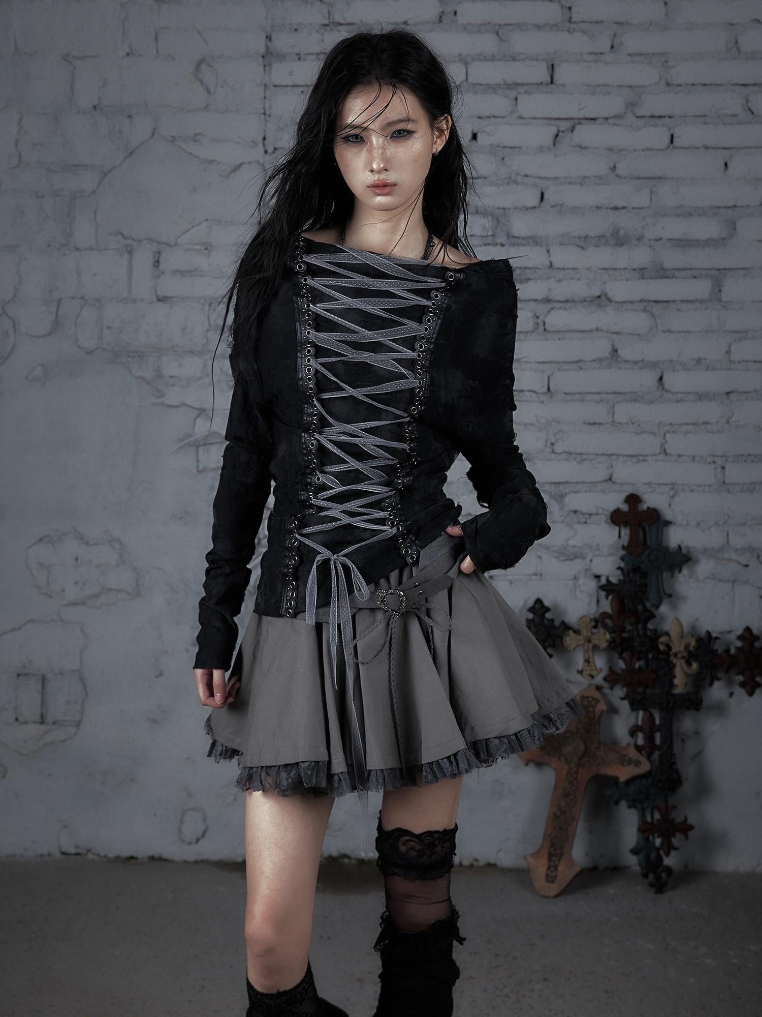 NO ROMANCE Pure Cotton Vintage Mid Rise Distressed Tiered Relaxed Warm Gray Mini Skirts