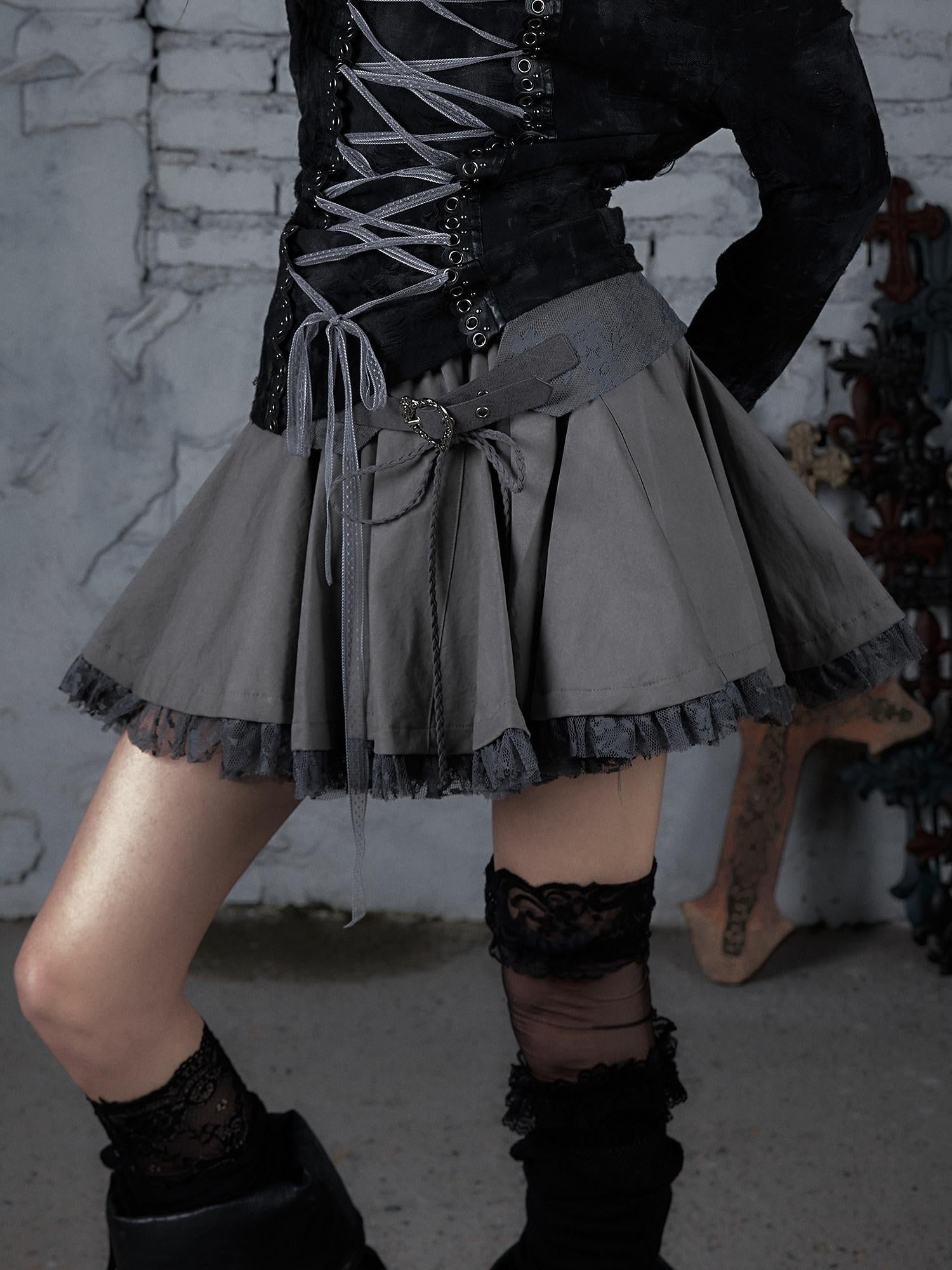 NO ROMANCE Pure Cotton Vintage Mid Rise Distressed Tiered Relaxed Warm Gray Mini Skirts