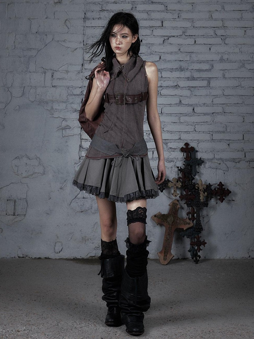 NO ROMANCE Pure Cotton Vintage Mid Rise Distressed Tiered Relaxed Warm Gray Mini Skirts
