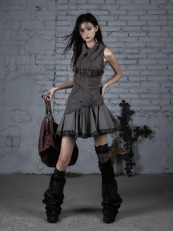 NO ROMANCE Pure Cotton Vintage Mid Rise Distressed Tiered Relaxed Warm Gray Mini Skirts