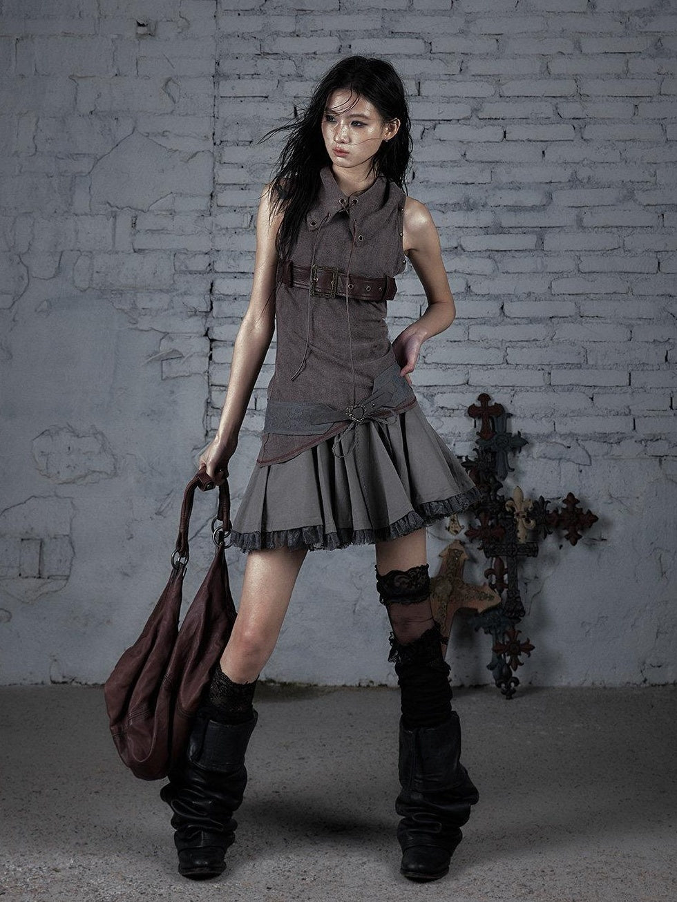 NO ROMANCE Pure Cotton Vintage Mid Rise Distressed Tiered Relaxed Warm Gray Mini Skirts
