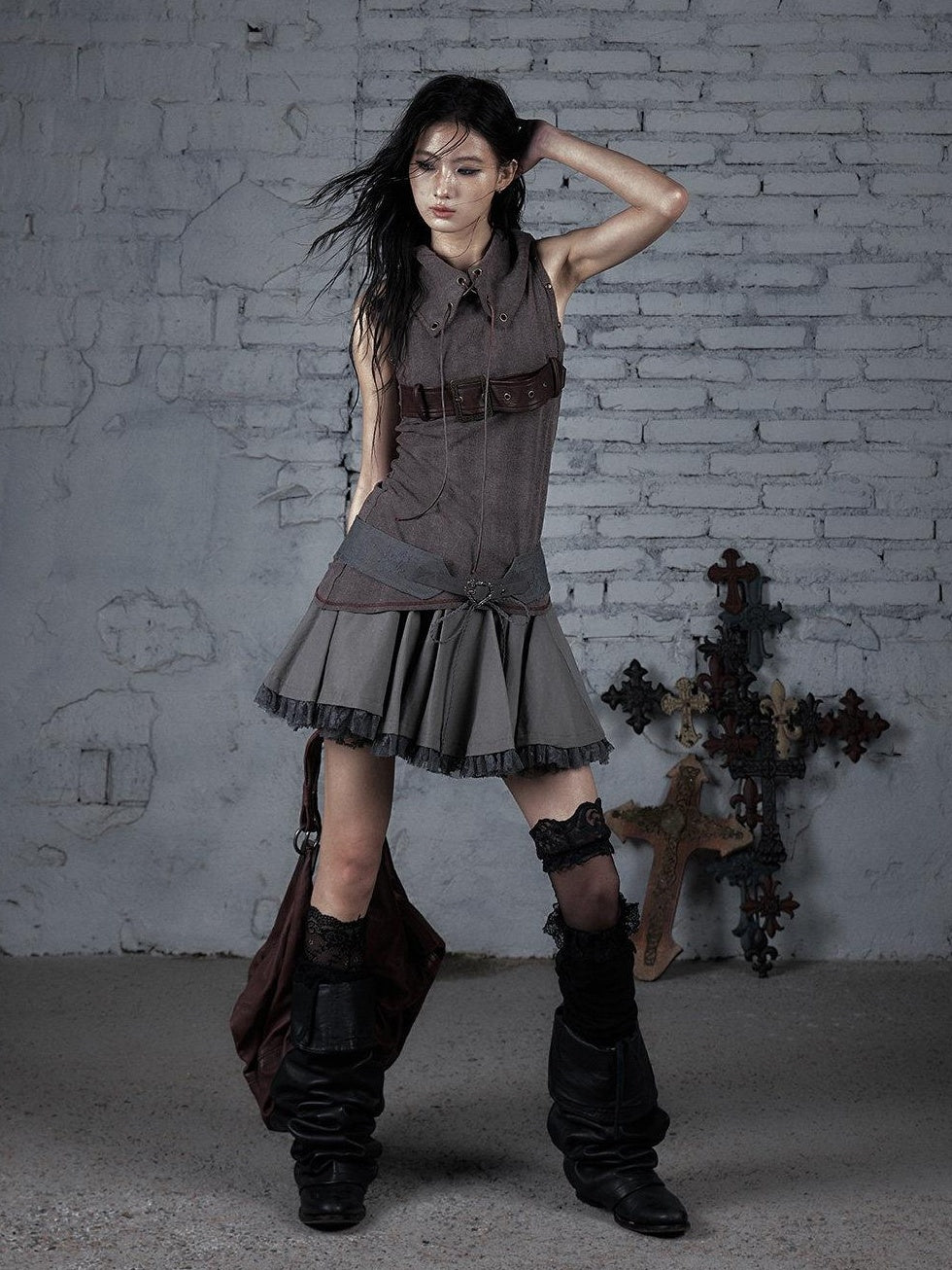 NO ROMANCE Pure Cotton Vintage Mid Rise Distressed Tiered Relaxed Warm Gray Mini Skirts
