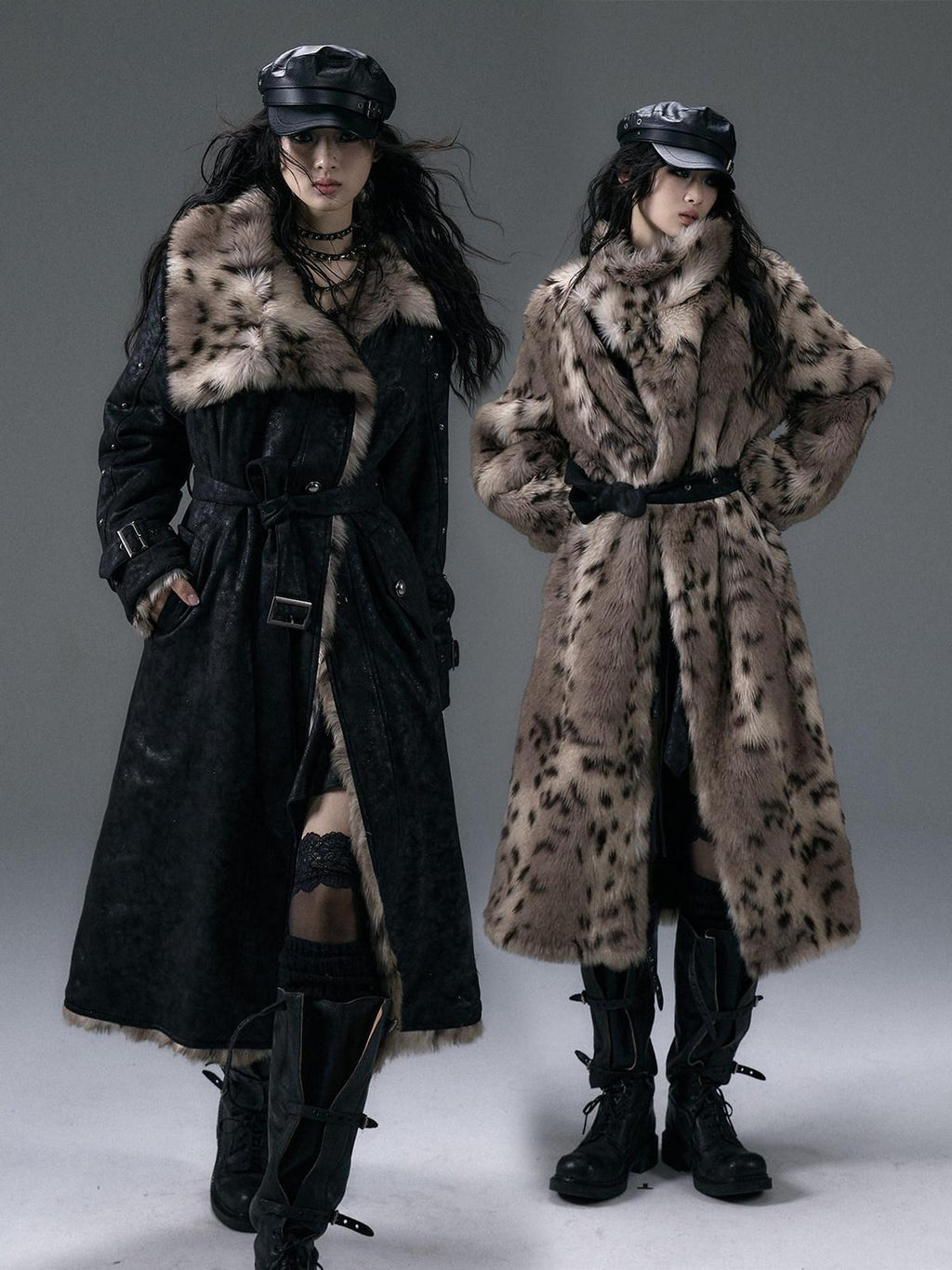 NO ROMANCE Reversible Leopard Faux Fur Oversized Punk Women Thick Black Long Coats