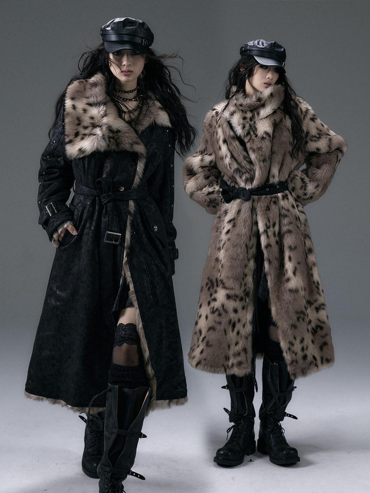 NO ROMANCE Reversible Leopard Faux Fur Oversized Punk Women Thick Black Long Coats