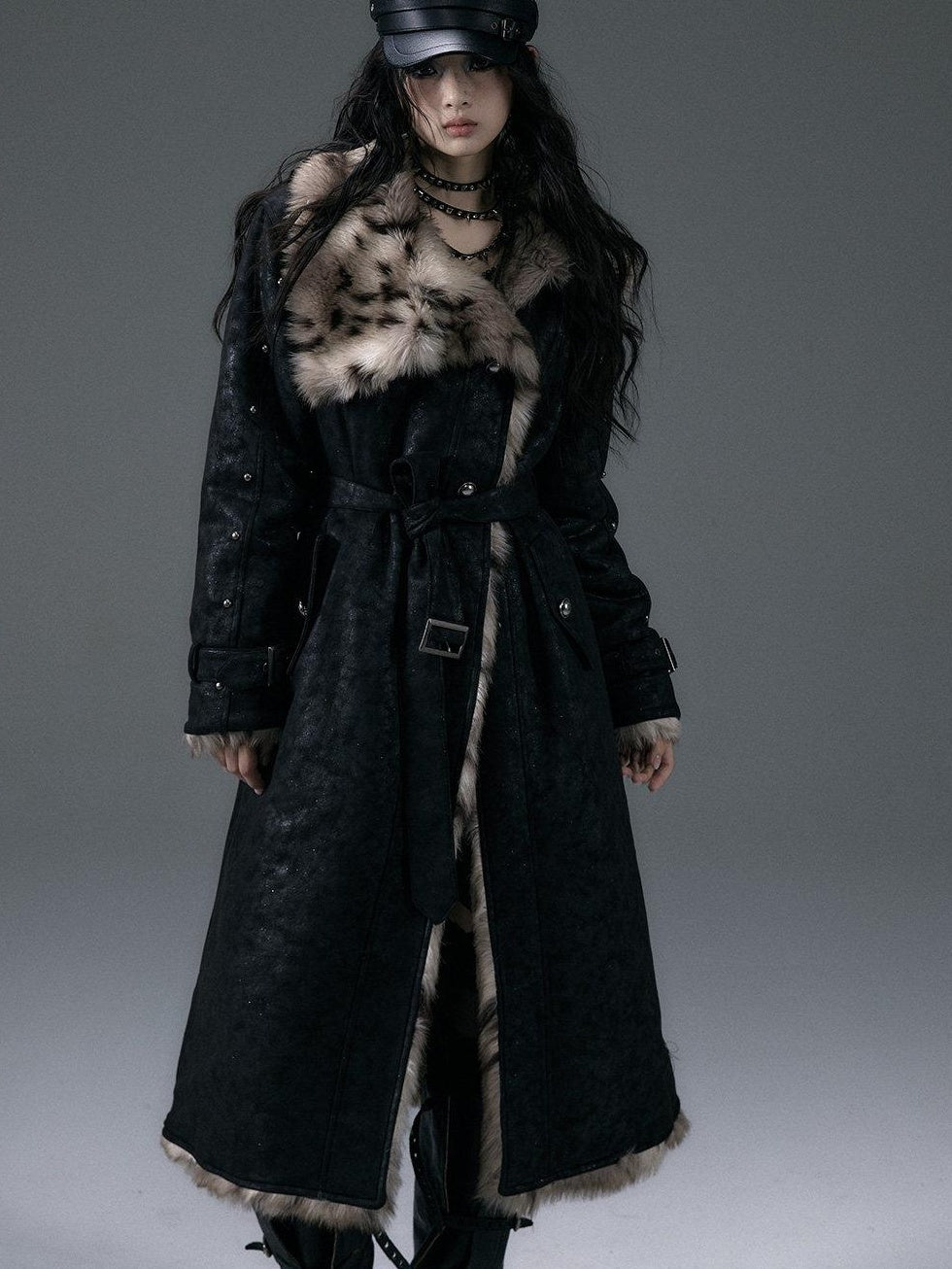 NO ROMANCE Reversible Leopard Faux Fur Oversized Punk Women Thick Black Long Coats