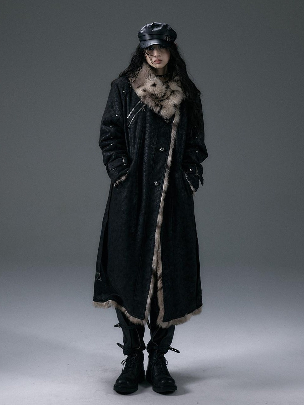 NO ROMANCE Reversible Leopard Faux Fur Oversized Punk Women Thick Black Long Coats
