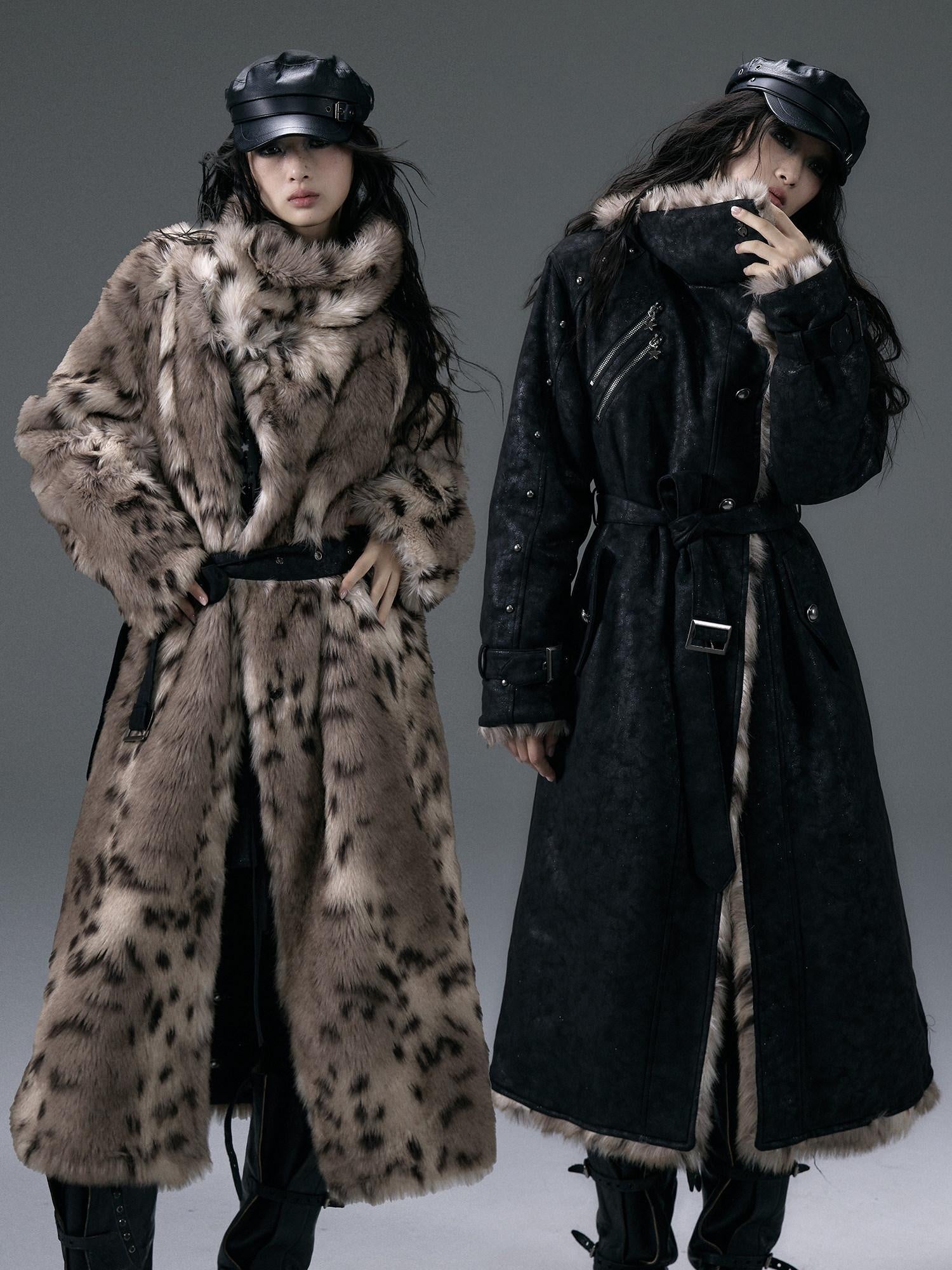 NO ROMANCE Reversible Leopard Faux Fur Oversized Punk Women Thick Black Long Coats