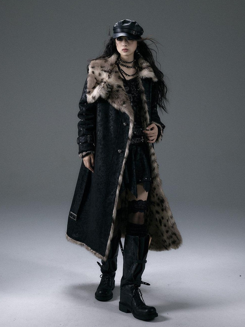 NO ROMANCE Reversible Leopard Faux Fur Oversized Punk Women Thick Black Long Coats