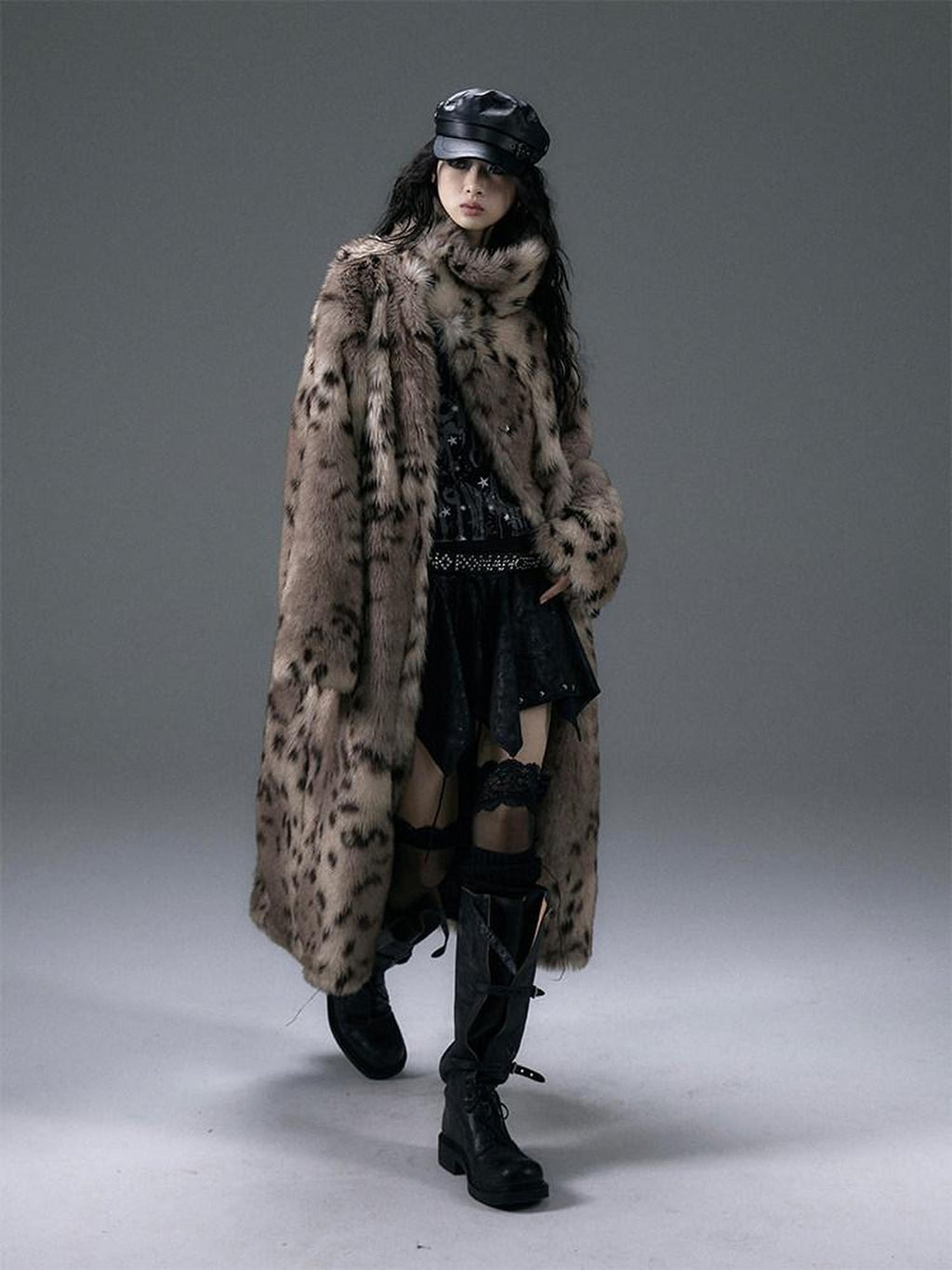 NO ROMANCE Reversible Leopard Faux Fur Oversized Punk Women Thick Black Long Coats