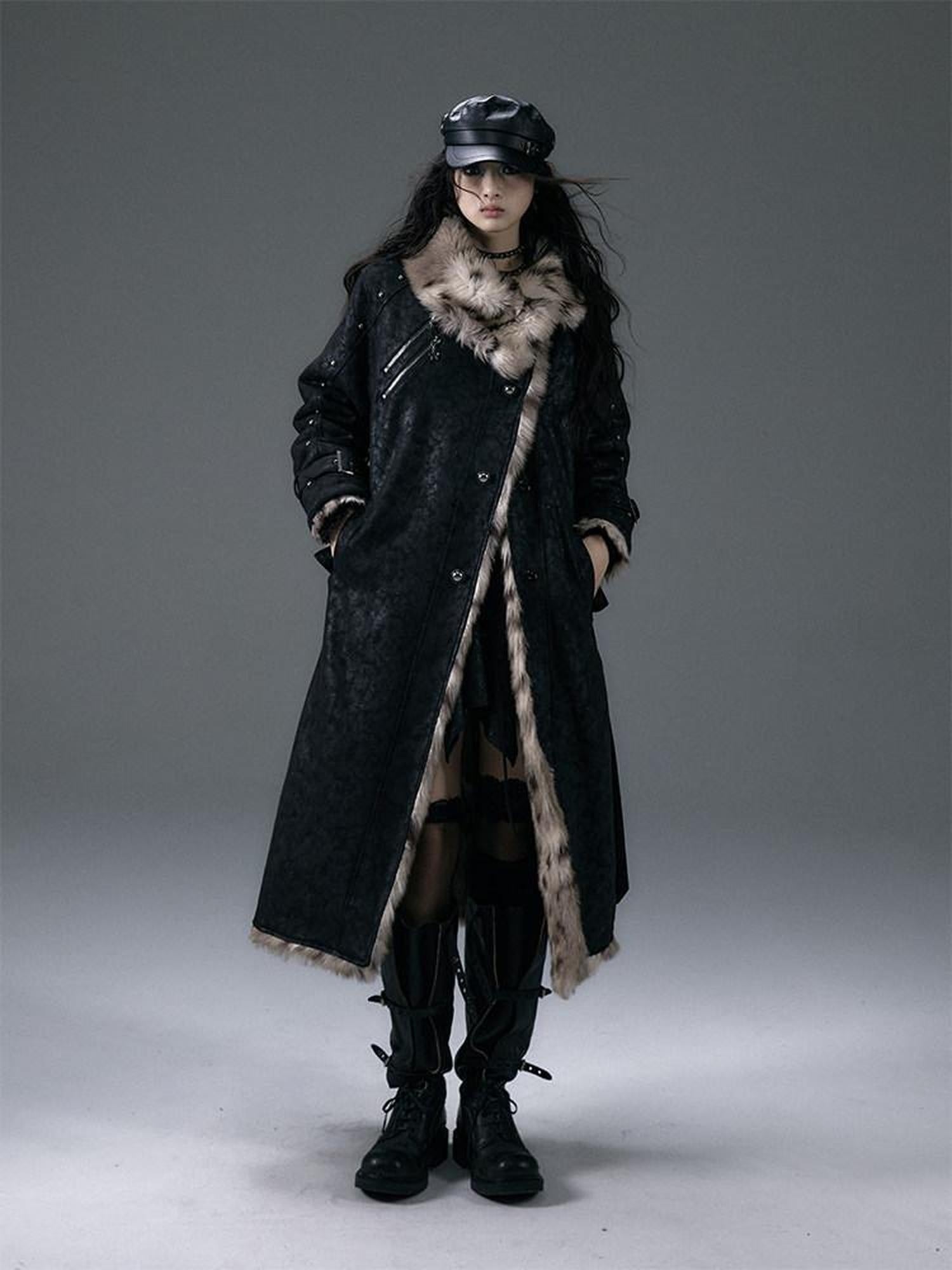 NO ROMANCE Reversible Leopard Faux Fur Oversized Punk Women Thick Black Long Coats