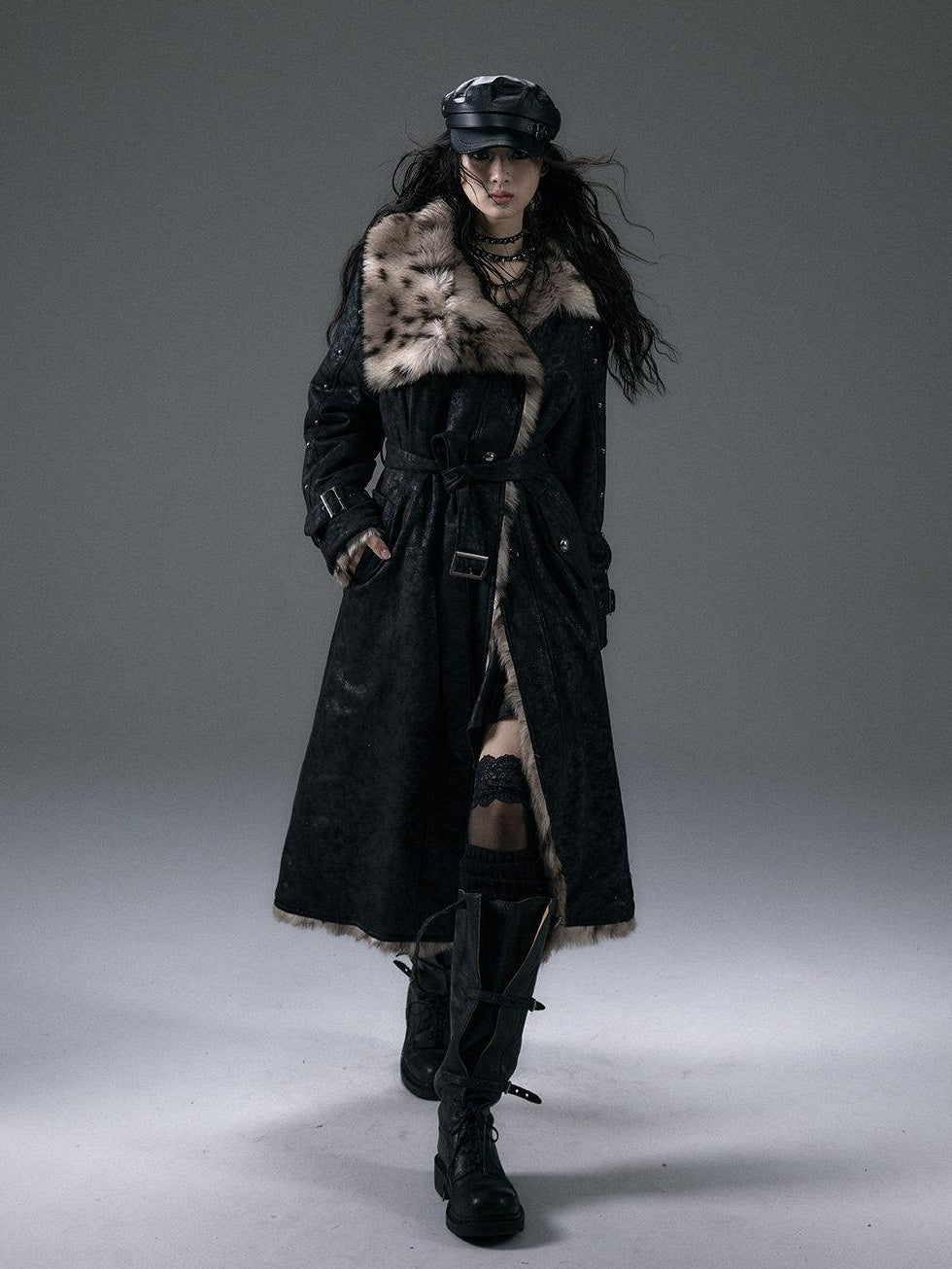 NO ROMANCE Reversible Leopard Faux Fur Oversized Punk Women Thick Black Long Coats