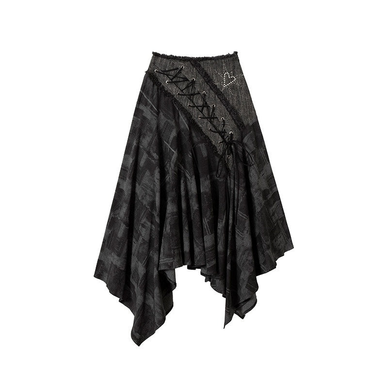 NO_ROMANCE_Rhinestone_Printed_Asymmetrical_Tie_Denim_Loose_Fit_Street_Rock_Maxi_Skirts_MISSTT