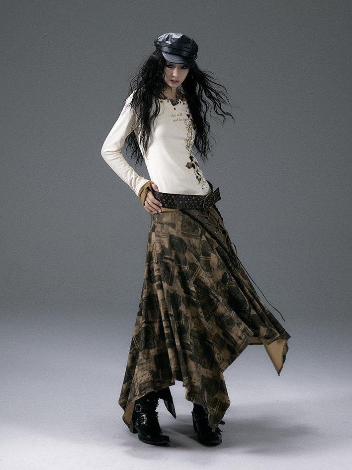 NO ROMANCE Rhinestone Printed Asymmetrical Tie Denim Loose Fit Street Rock Maxi Skirts