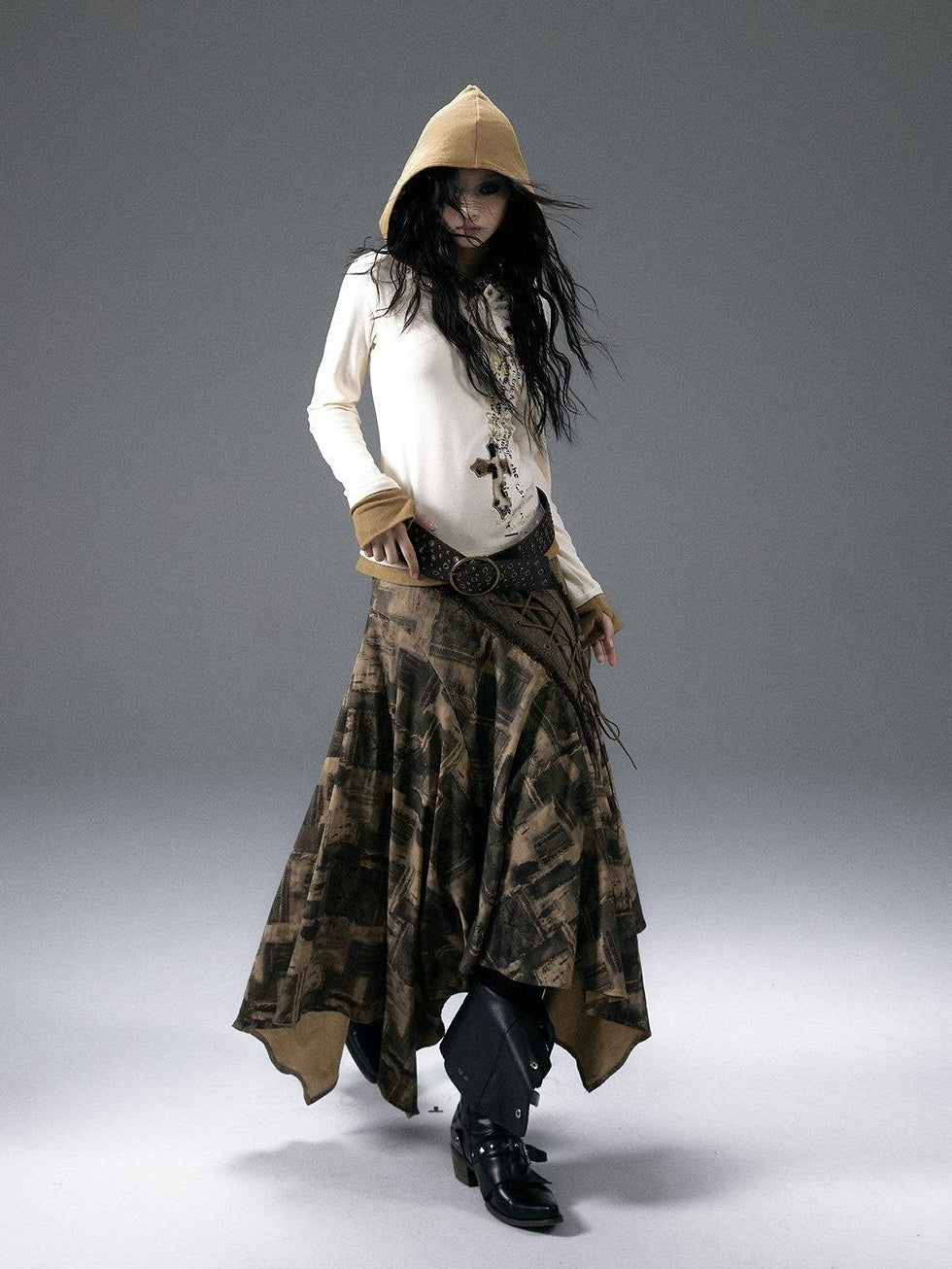NO ROMANCE Rhinestone Printed Asymmetrical Tie Denim Loose Fit Street Rock Maxi Skirts