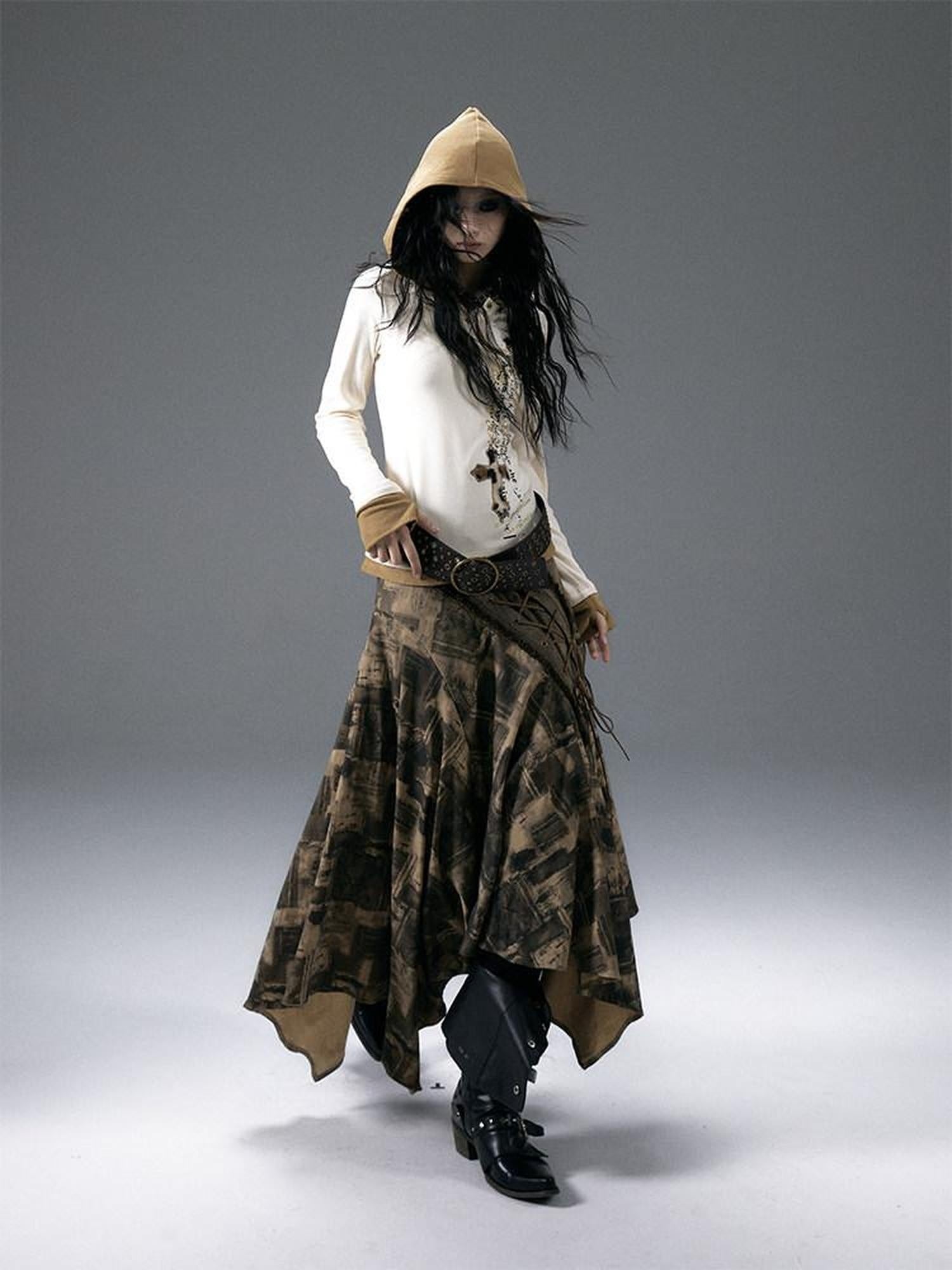 NO ROMANCE Rhinestone Printed Asymmetrical Tie Denim Loose Fit Street Rock Maxi Skirts