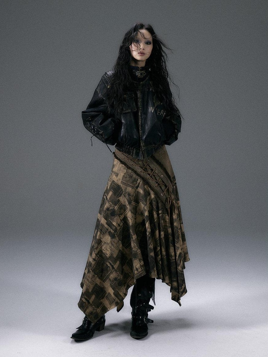 NO ROMANCE Rhinestone Printed Asymmetrical Tie Denim Loose Fit Street Rock Maxi Skirts