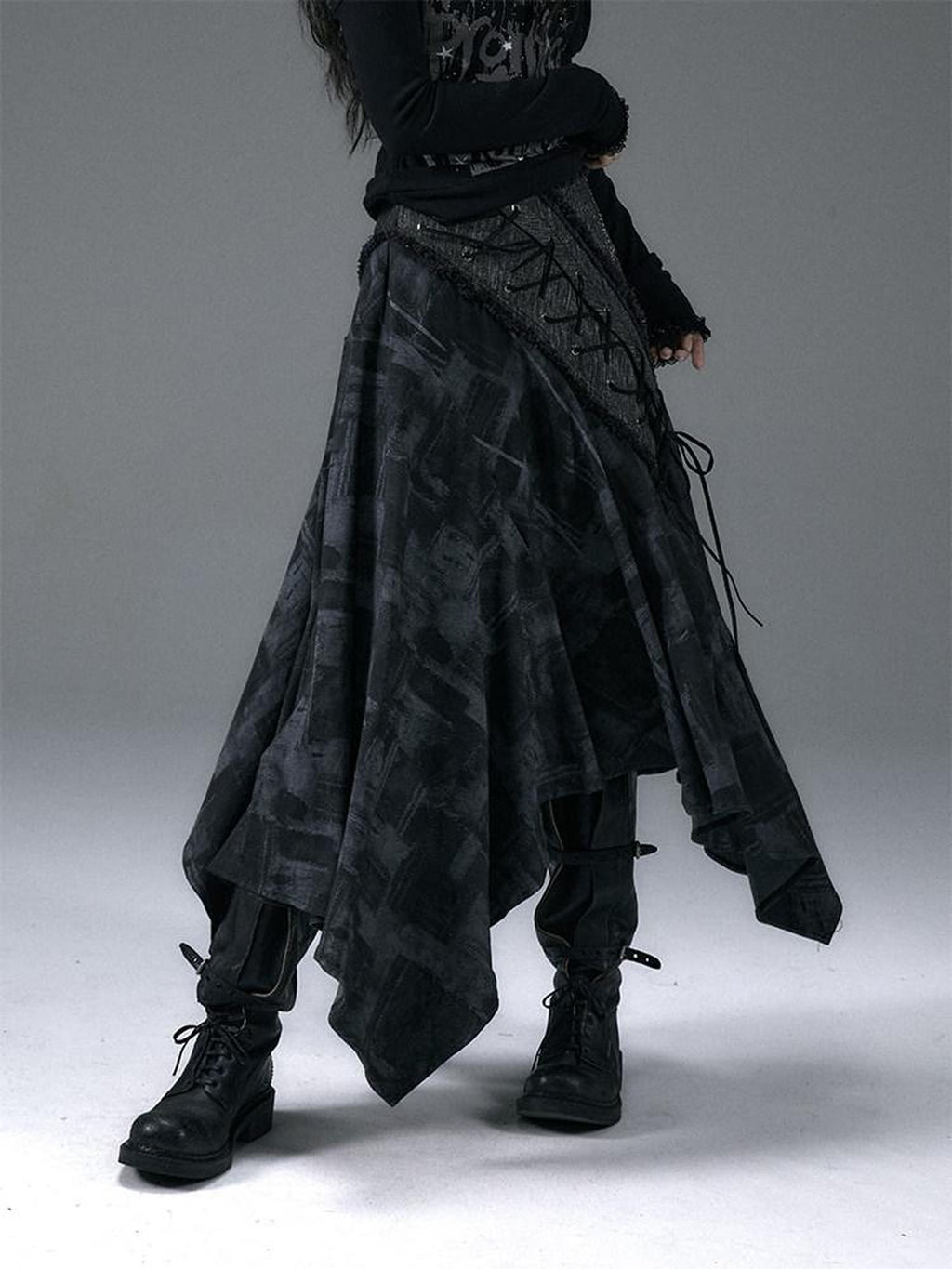 NO ROMANCE Rhinestone Printed Asymmetrical Tie Denim Loose Fit Street Rock Maxi Skirts