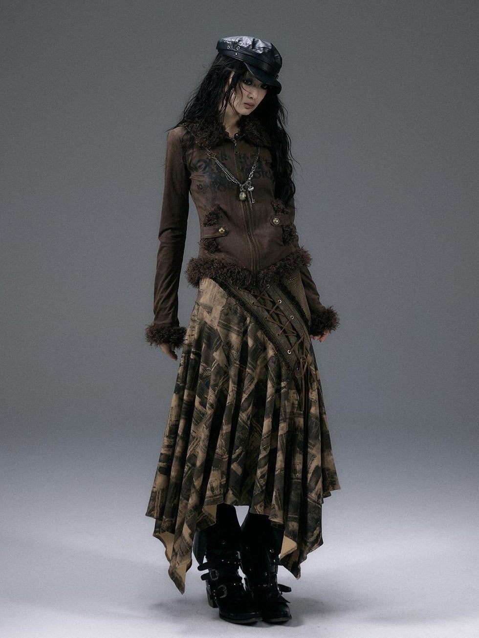 NO ROMANCE Rhinestone Printed Asymmetrical Tie Denim Loose Fit Street Rock Maxi Skirts