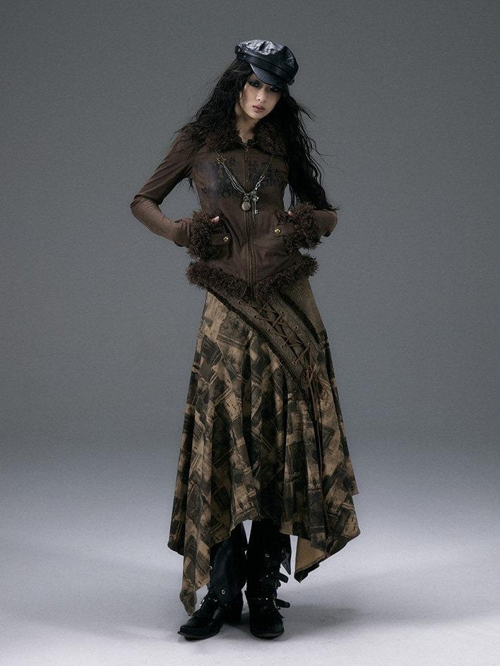 NO ROMANCE Rhinestone Printed Asymmetrical Tie Denim Loose Fit Street Rock Maxi Skirts
