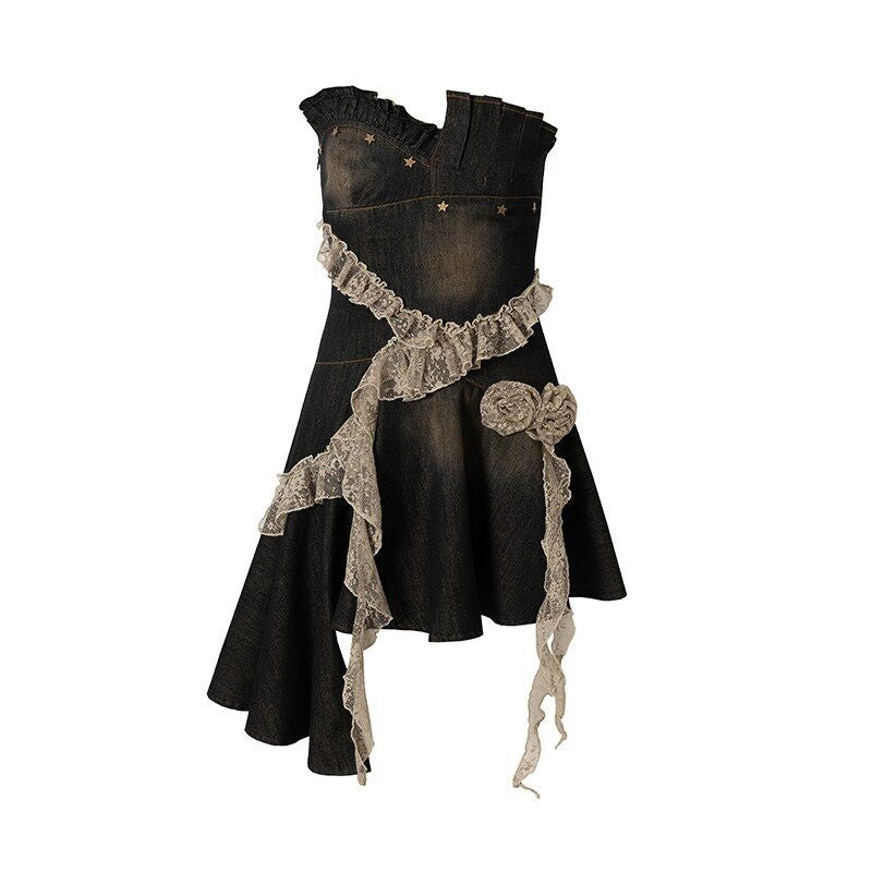 NO_ROMANCE_Ruched_Cotton_Blend_Vintage_Black_With_Clear_Straps_Strapless_Mini_Dresses_MISSTT
