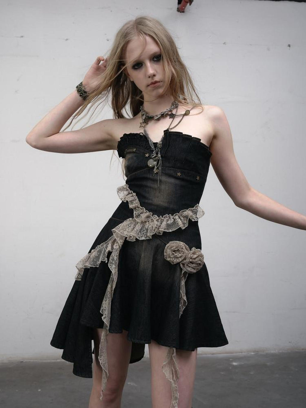 NO ROMANCE Ruched Cotton Blend Vintage Black With Clear Straps Strapless Mini Dresses