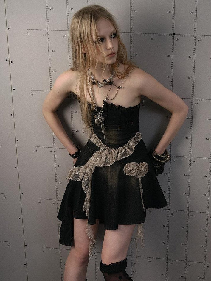 NO ROMANCE Ruched Cotton Blend Vintage Black With Clear Straps Strapless Mini Dresses