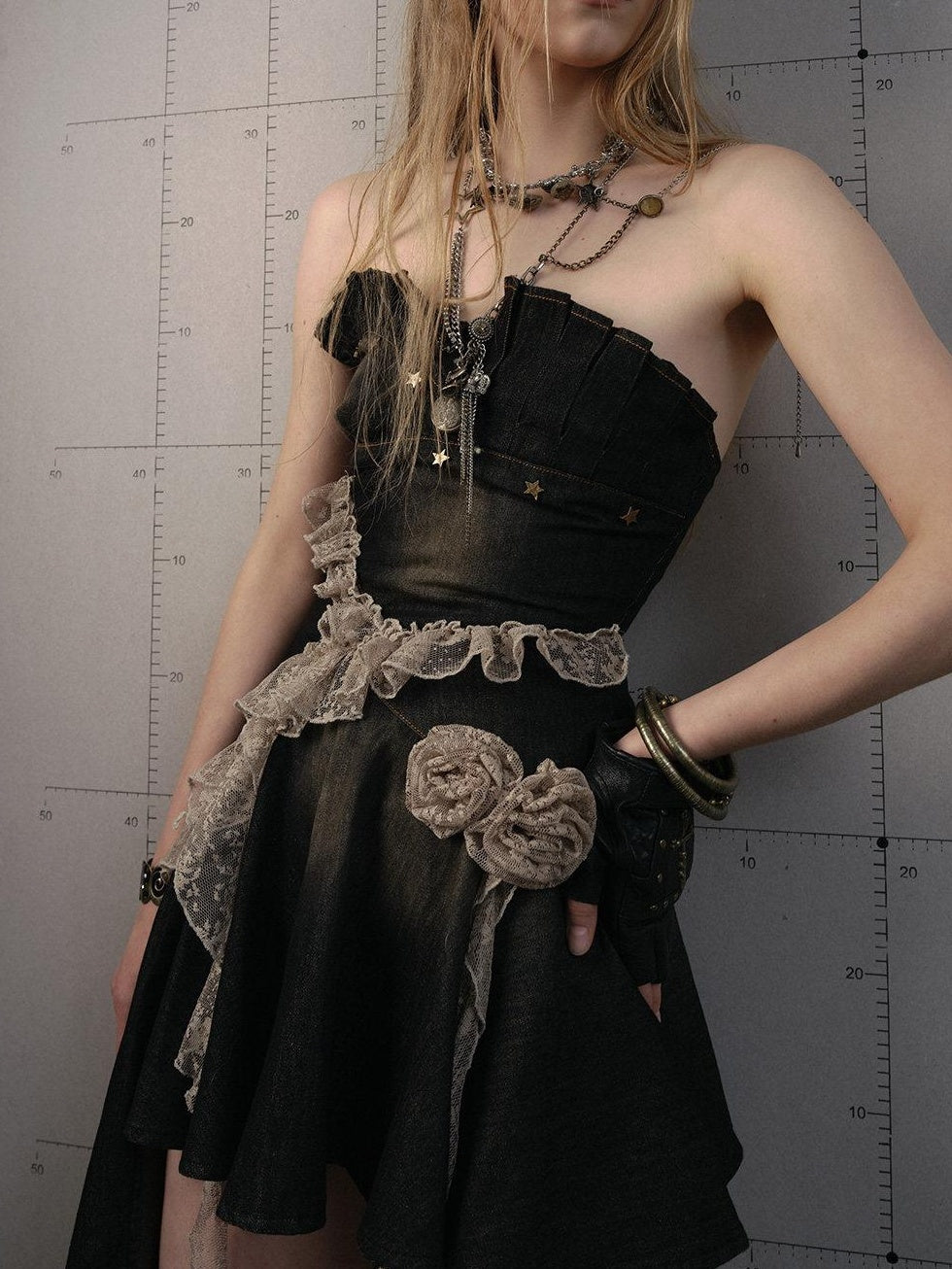 NO ROMANCE Ruched Cotton Blend Vintage Black With Clear Straps Strapless Mini Dresses