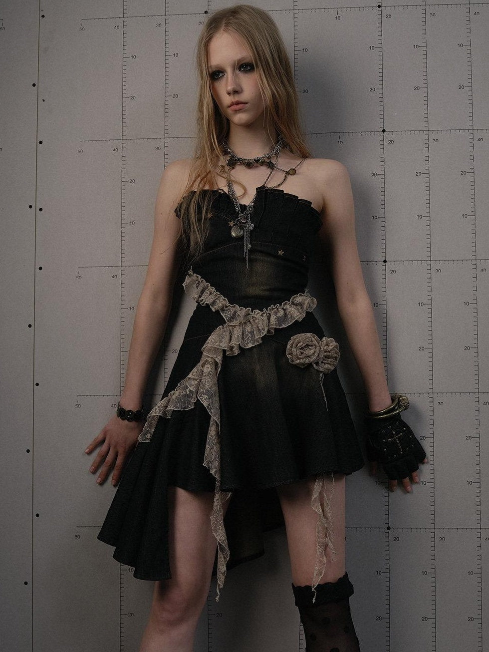 NO ROMANCE Ruched Cotton Blend Vintage Black With Clear Straps Strapless Mini Dresses