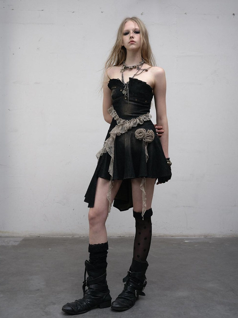NO ROMANCE Ruched Cotton Blend Vintage Black With Clear Straps Strapless Mini Dresses