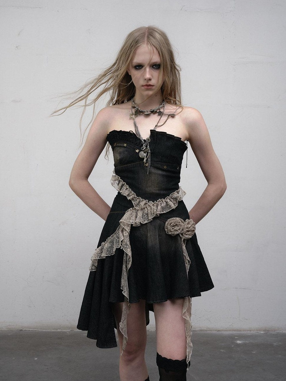 NO ROMANCE Ruched Cotton Blend Vintage Black With Clear Straps Strapless Mini Dresses