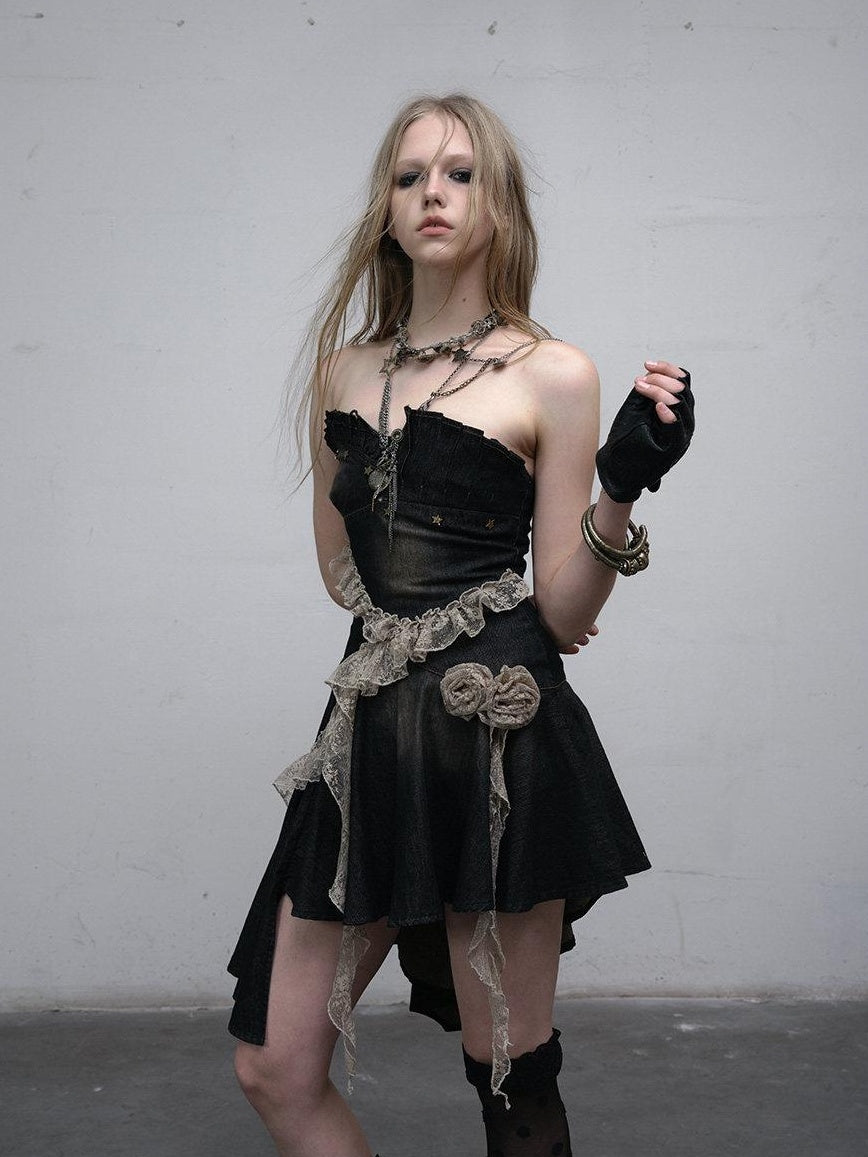 NO ROMANCE Ruched Cotton Blend Vintage Black With Clear Straps Strapless Mini Dresses