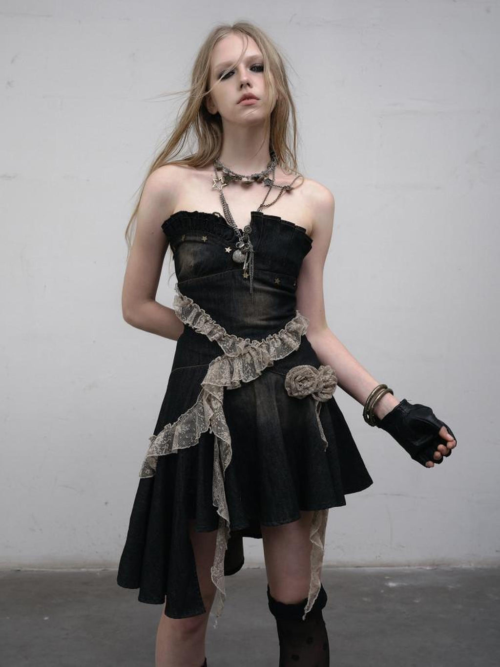 NO ROMANCE Ruched Cotton Blend Vintage Black With Clear Straps Strapless Mini Dresses