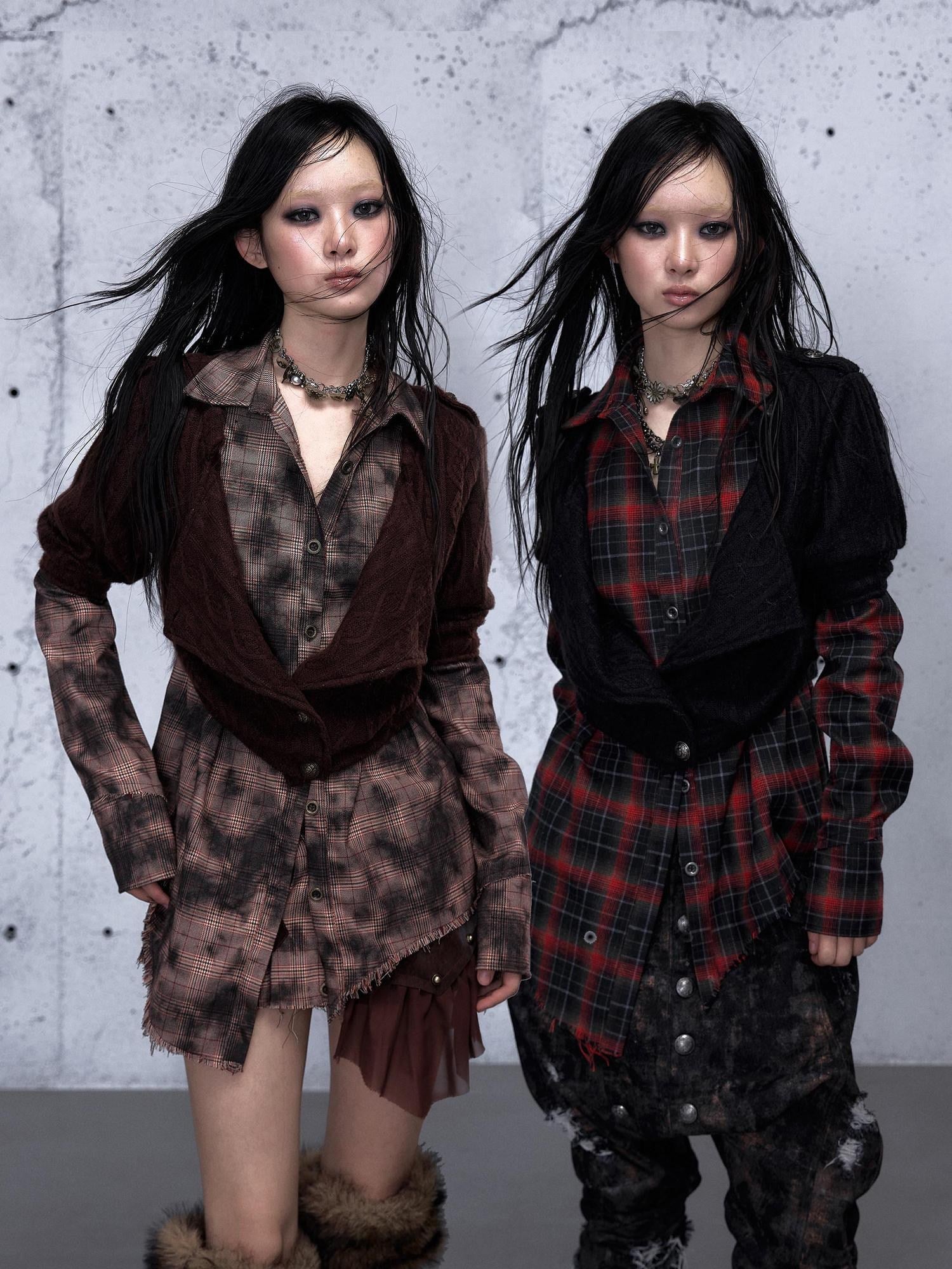 NO ROMANCE Shape Retaining Uv Punk Fitted Asymmetric Layered Plaid Collared Blouses