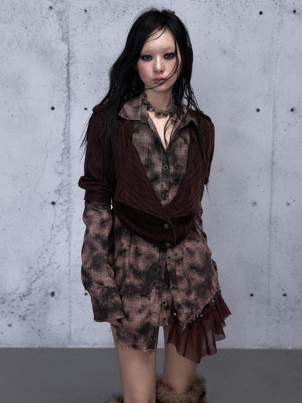 NO ROMANCE Shape Retaining Uv Punk Fitted Asymmetric Layered Plaid Collared Blouses