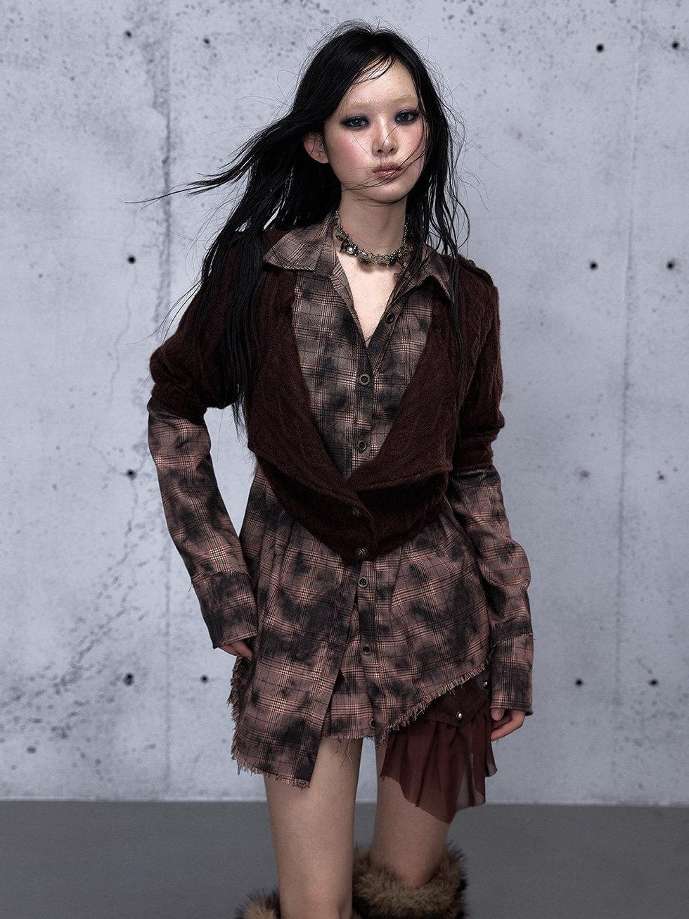 NO ROMANCE Shape Retaining Uv Punk Fitted Asymmetric Layered Plaid Collared Blouses