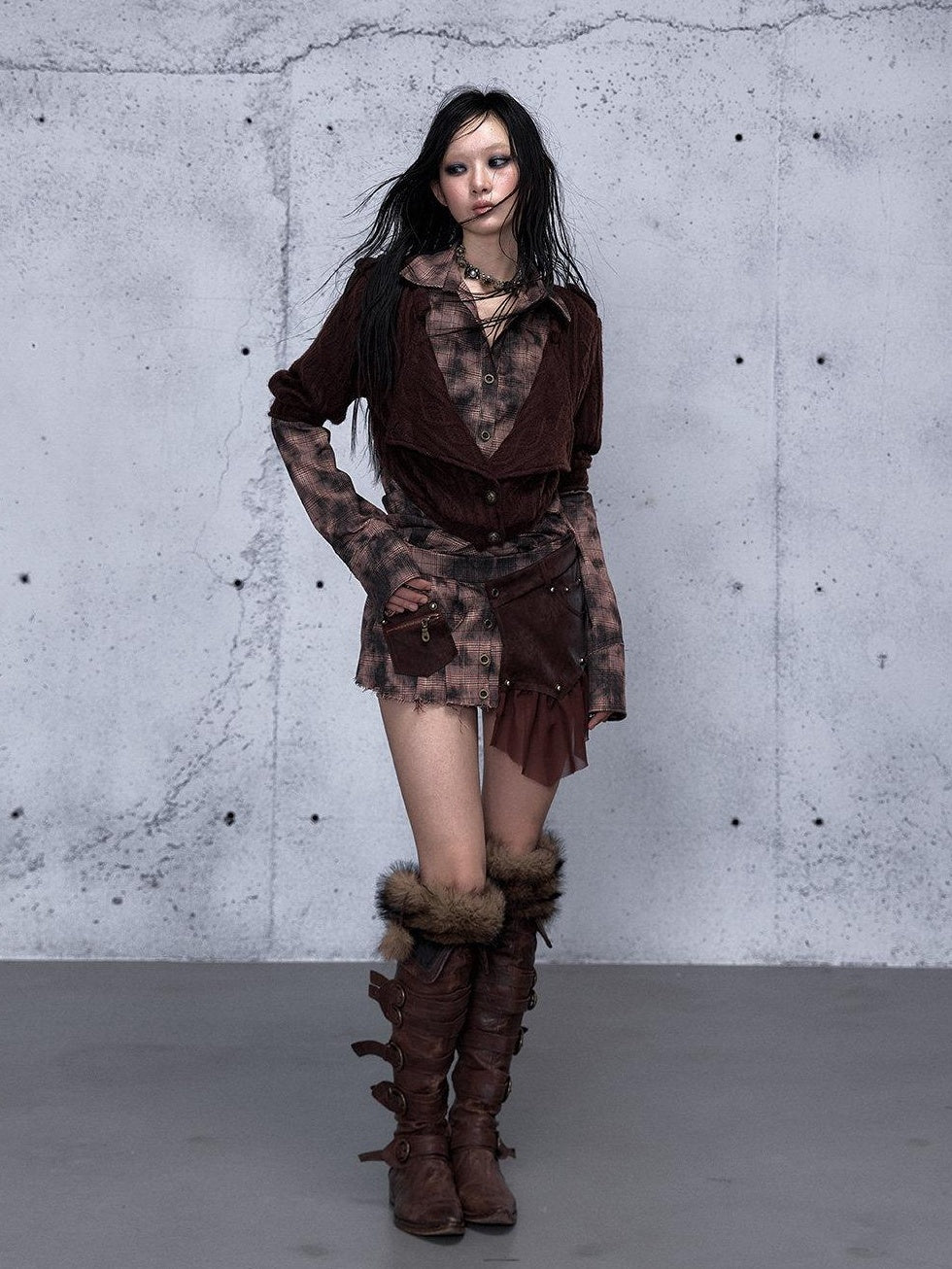 NO ROMANCE Shape Retaining Uv Punk Fitted Asymmetric Layered Plaid Collared Blouses