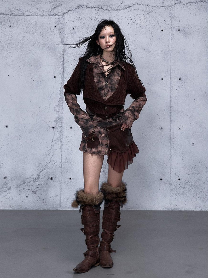 NO ROMANCE Shape Retaining Uv Punk Fitted Asymmetric Layered Plaid Collared Blouses