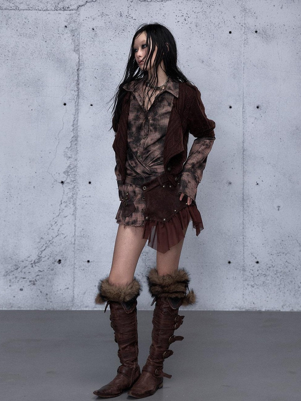 NO ROMANCE Shape Retaining Uv Punk Fitted Asymmetric Layered Plaid Collared Blouses