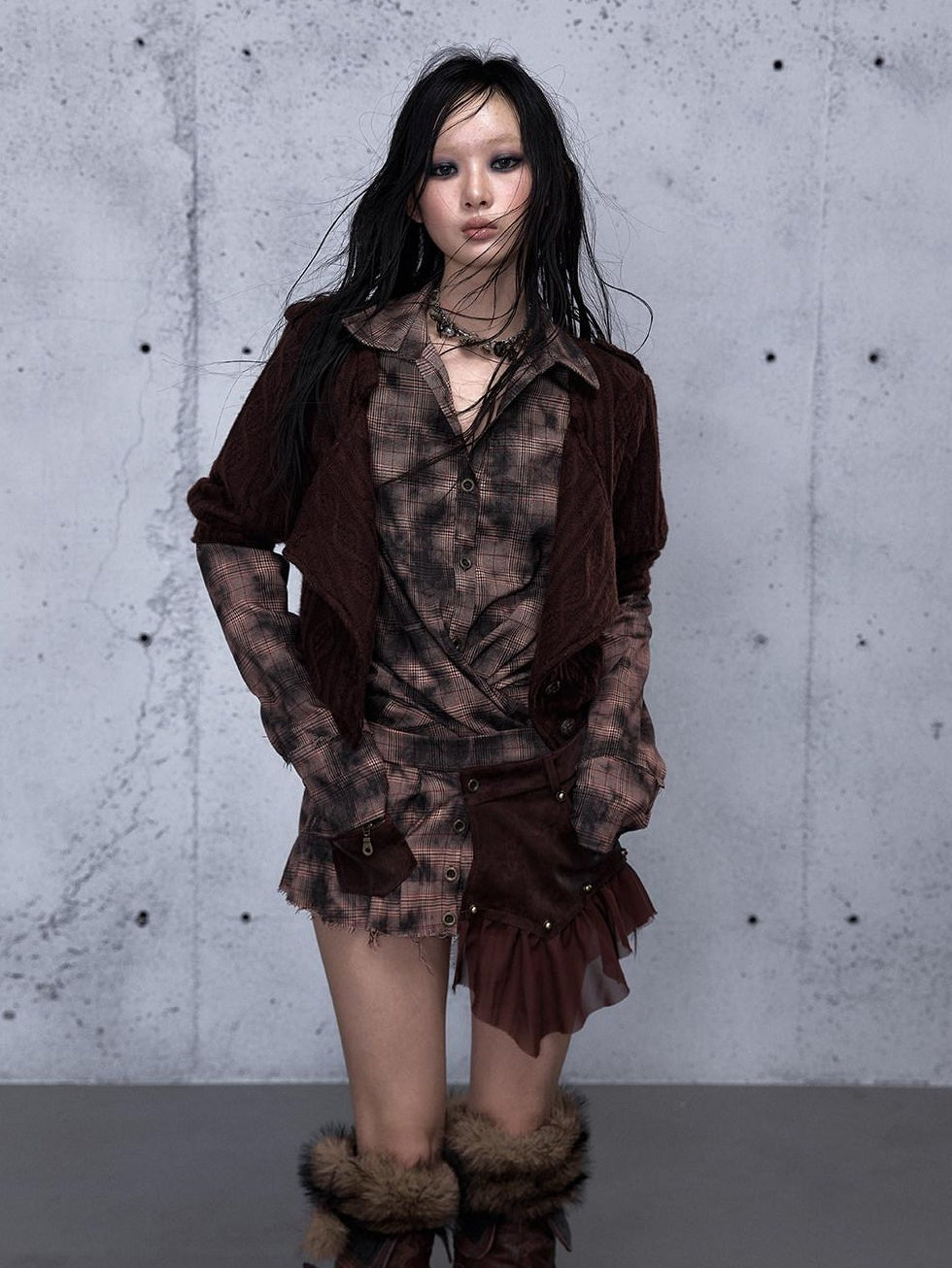 NO ROMANCE Shape Retaining Uv Punk Fitted Asymmetric Layered Plaid Collared Blouses